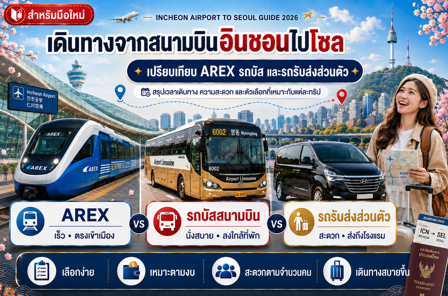 เดินทางจากสนามบินอินชอนไปโซลแบบไหนดี? เปรียบเทียบ AREX รถบัส และรถรับส่งส่วนตัว