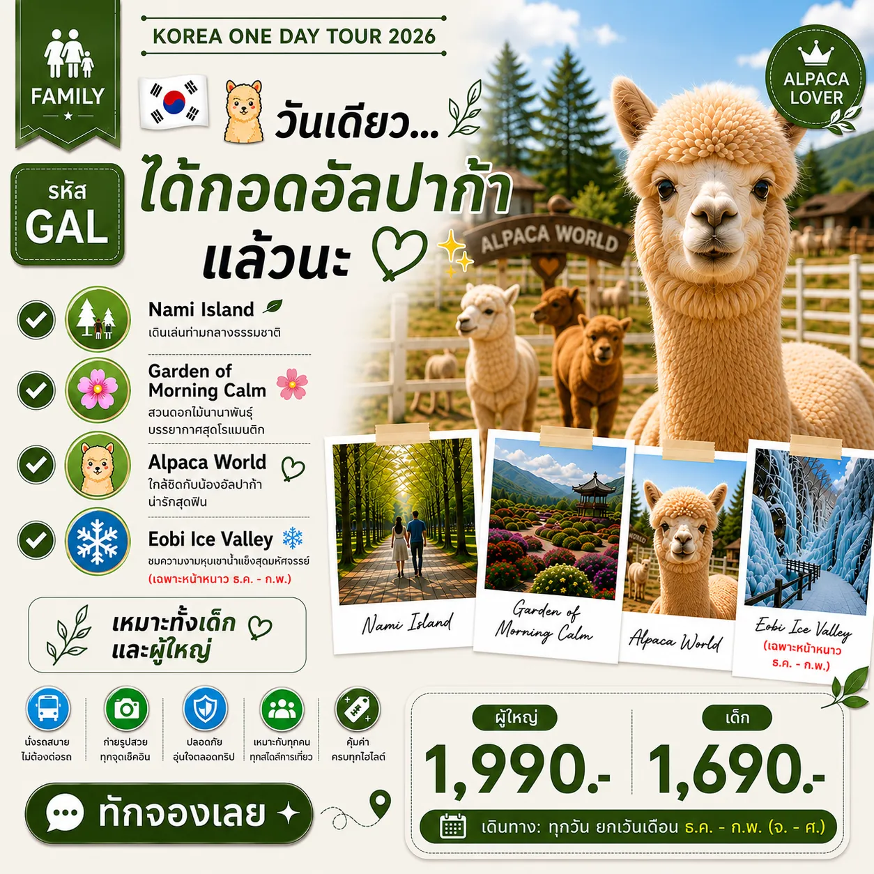 Nami Island - Garden of Morning Calm - Alpaca World – EOBI Ice Valley (Only winter) Day Trip (From Seoul)